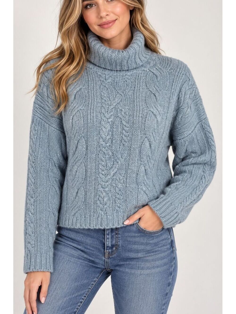 Love Tree Womens M Blue Gray Cable Knit Cowl Neck Sweater Cozy Fall Winter